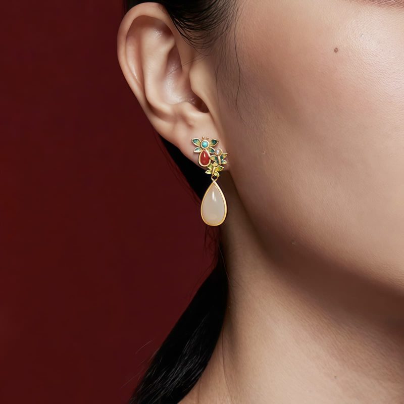 White Jade Red Agate Butterfly Dangle Earrings White Jade Red Agate Butterfly Dangle Earrings