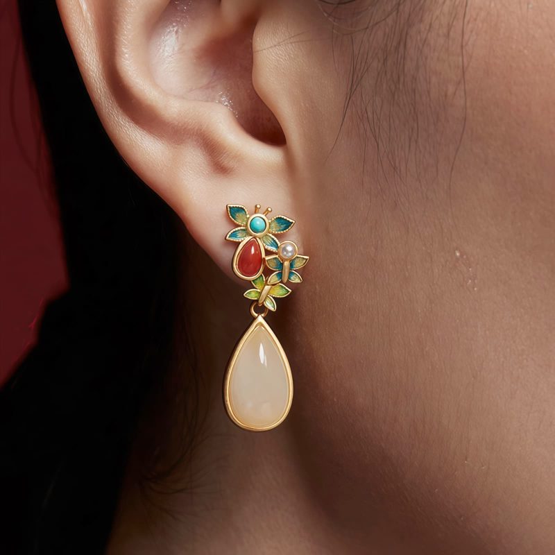 White Jade Red Agate Butterfly Dangle Earrings White Jade Red Agate Butterfly Dangle Earrings