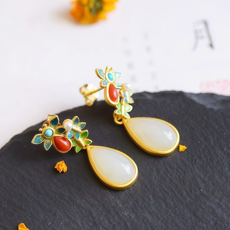 White Jade Red Agate Butterfly Dangle Earrings White Jade Red Agate Butterfly Dangle Earrings