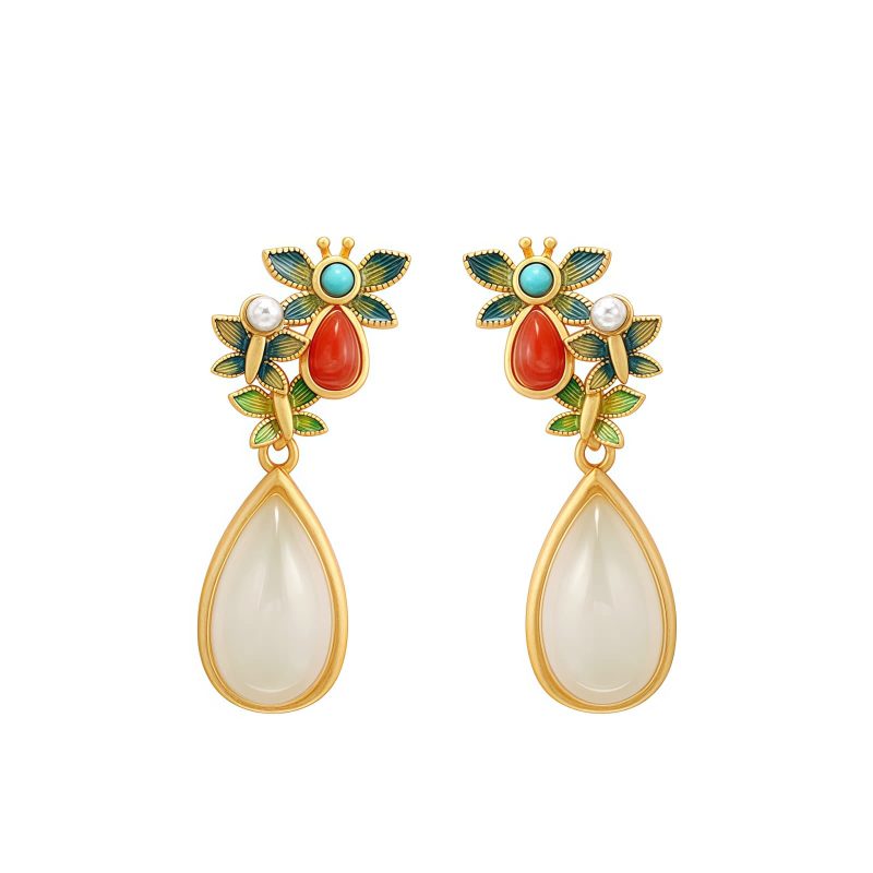 White Jade Red Agate Butterfly Dangle Earrings White Jade Red Agate Butterfly Dangle Earrings