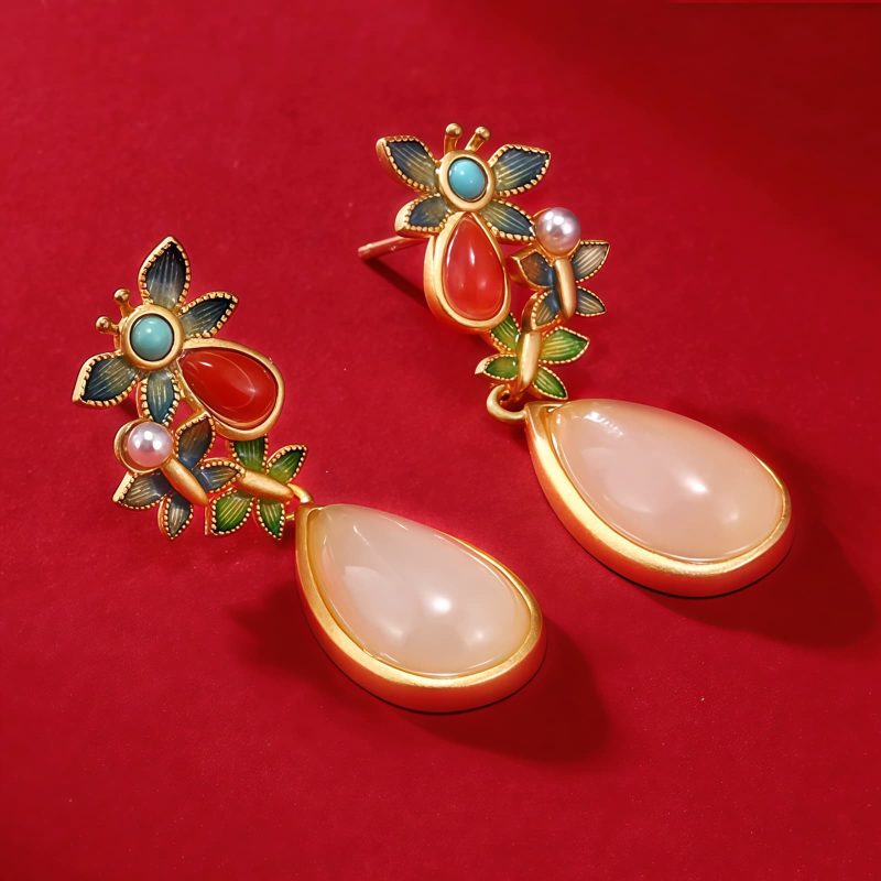 White Jade Red Agate Butterfly Dangle Earrings White Jade Red Agate Butterfly Dangle Earrings
