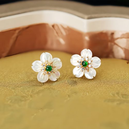 925 Silver Tridacna Jade Flower Earrings