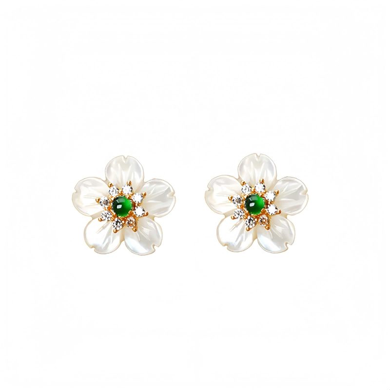 925 Silber Tridacna & Jade Blumen-Ohrstecker 925 Silver Tridacna Jade Flower Earrings