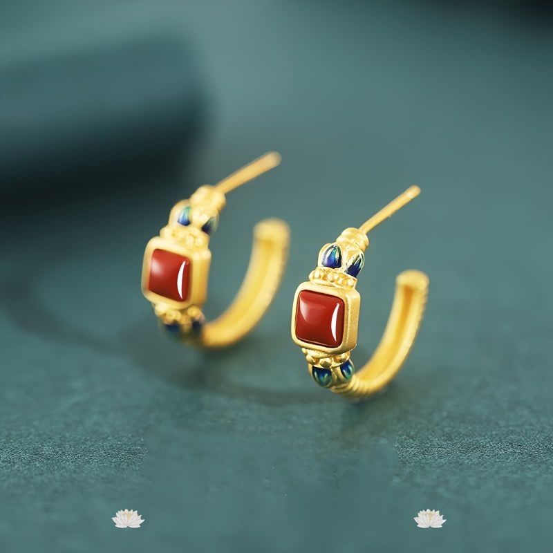 Pendientes Loto de Ágata Roja en Plata 925 925 Silver Red Agate Lotus Earrings