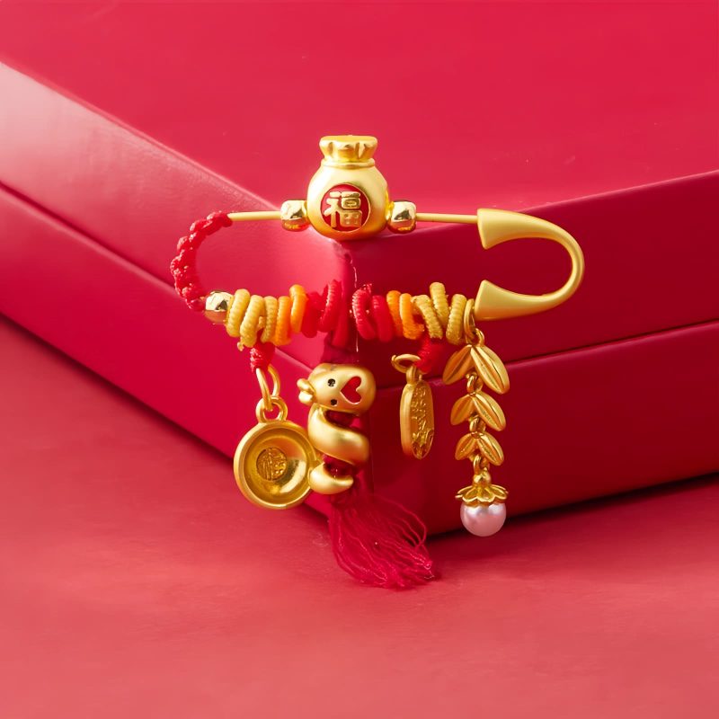 Brosche „Jahr der Schlange“ aus Kupfer mit Glücksbeutel Copper Year of the Snake Brooch with Lucky Fortune Bag