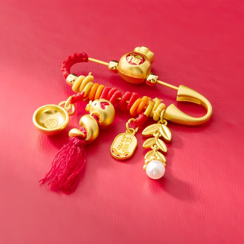 Brosche „Jahr der Schlange“ aus Kupfer mit Glücksbeutel Copper Year of the Snake Brooch with Lucky Fortune Bag