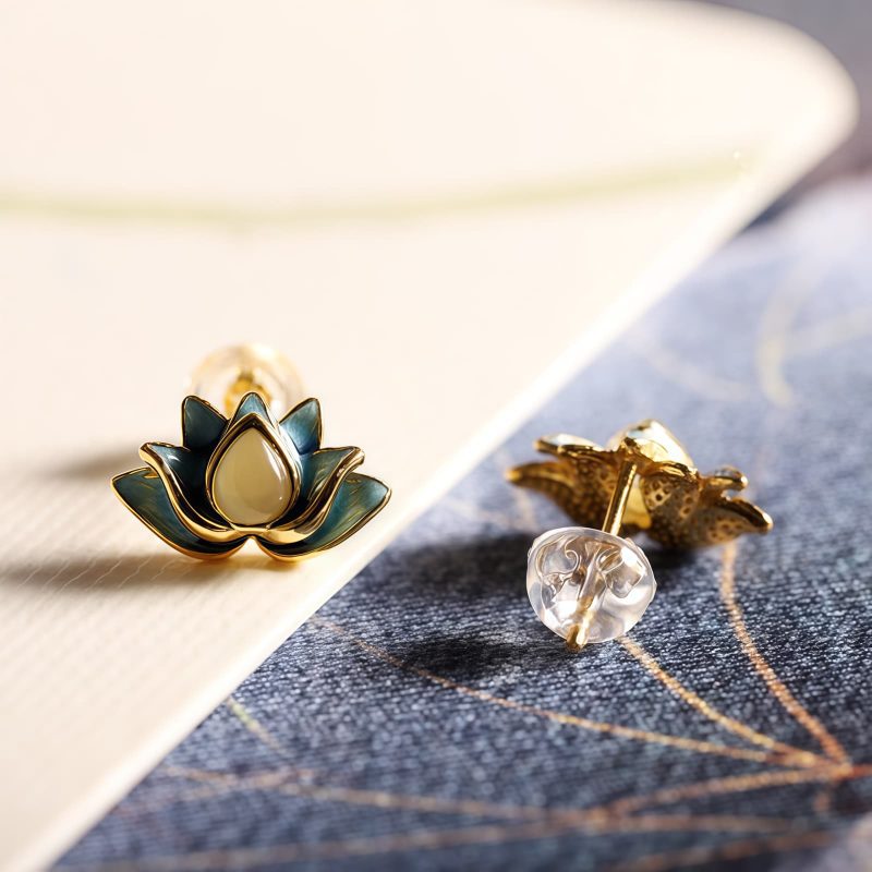 Hetian Cyan Jade Lotus Flower Earrings Hetian Cyan Jade Lotus Flower Earrings