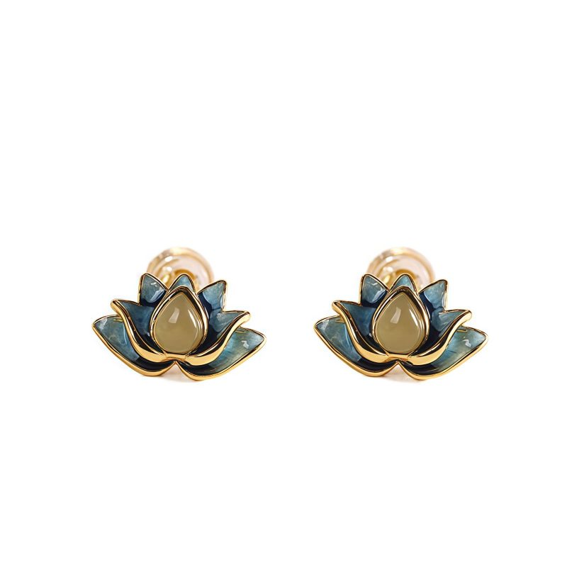 Hetian Cyan Jade Lotus Flower Earrings Hetian Cyan Jade Lotus Flower Earrings