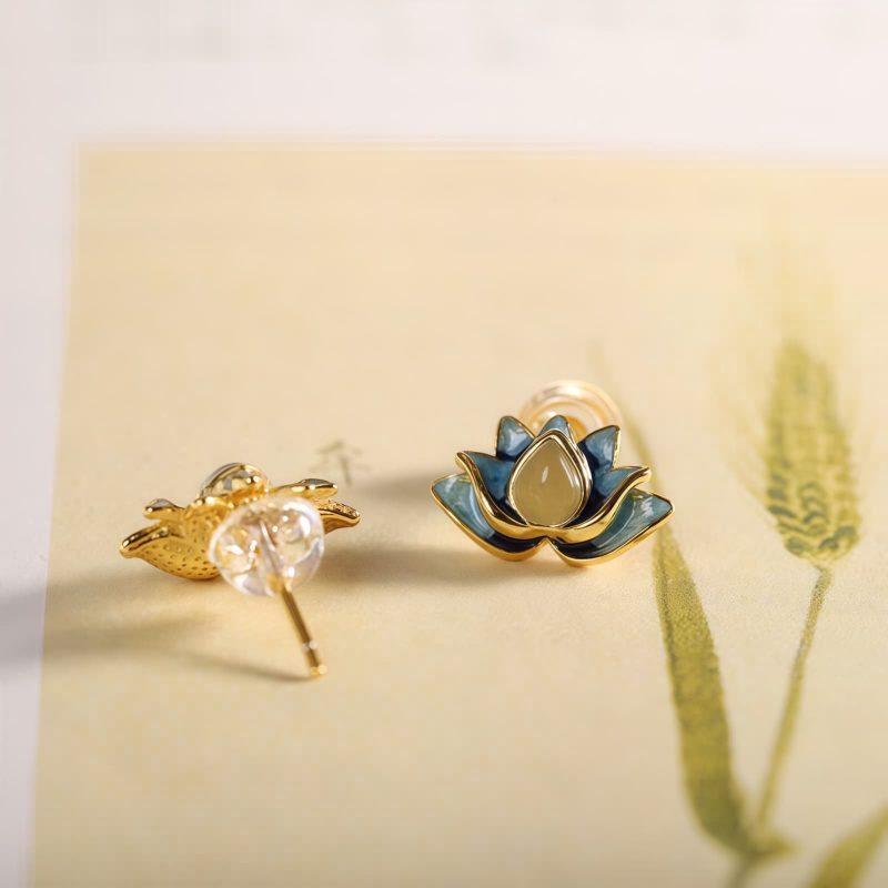 Hetian Cyan Jade Lotus Flower Earrings Hetian Cyan Jade Lotus Flower Earrings