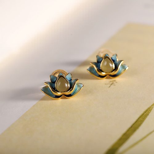Hetian Cyan Jade Lotus Flower Earrings