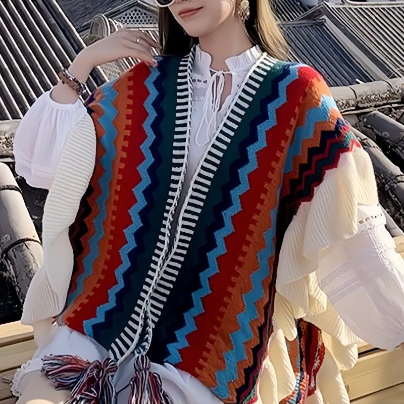 Chal Tibetano con Rayas Onduladas y Borlas Tibetan Wavy Striped Tassel Shawl
