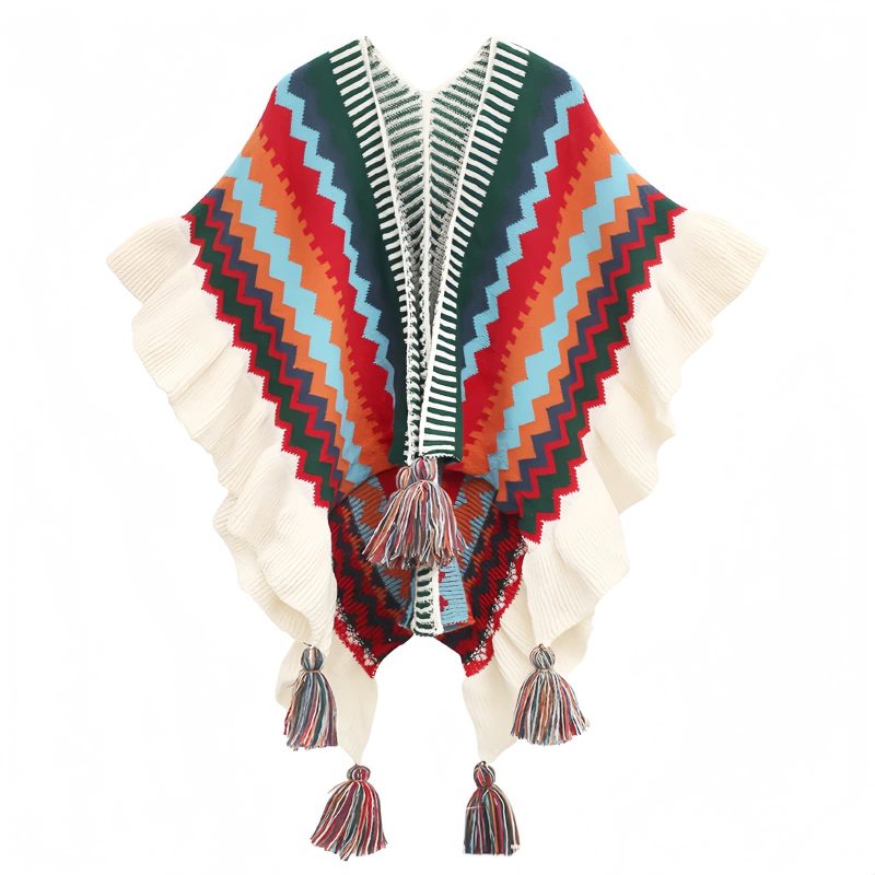 Chal Tibetano con Rayas Onduladas y Borlas Tibetan Wavy Striped Tassel Shawl