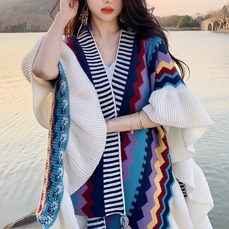 Chal Tibetano con Rayas Onduladas y Borlas Tibetan Wavy Striped Tassel Shawl