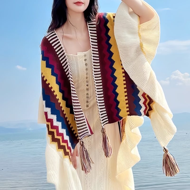 Chal Tibetano con Rayas Onduladas y Borlas Tibetan Wavy Striped Tassel Shawl