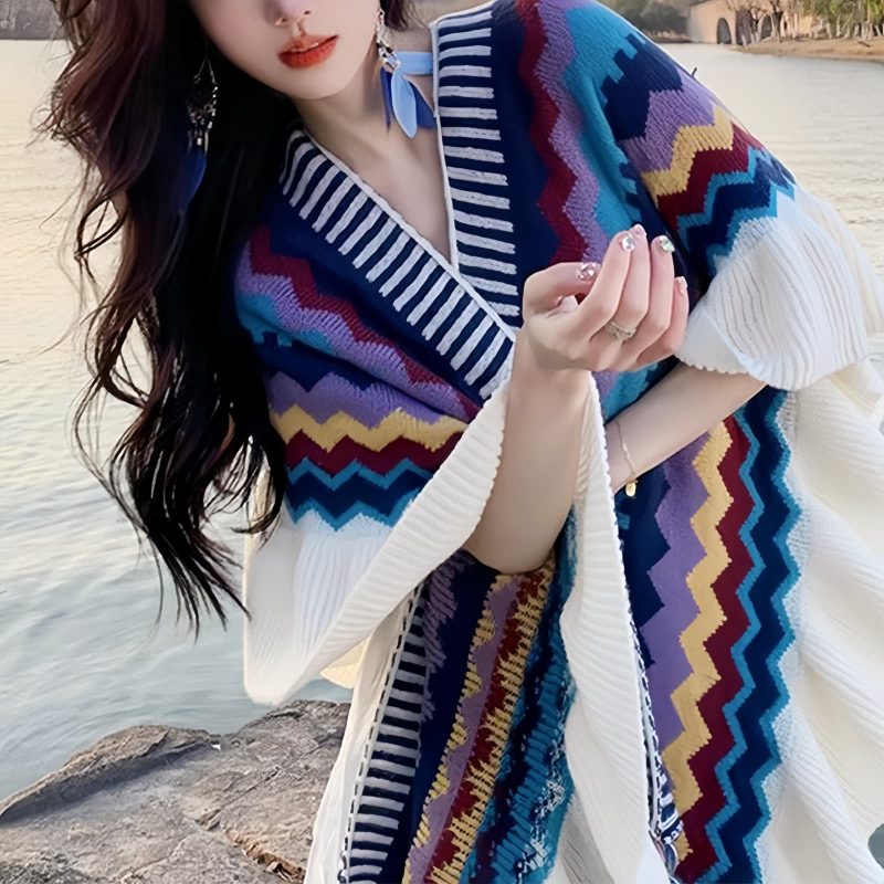 Chal Tibetano con Rayas Onduladas y Borlas Tibetan Wavy Striped Tassel Shawl
