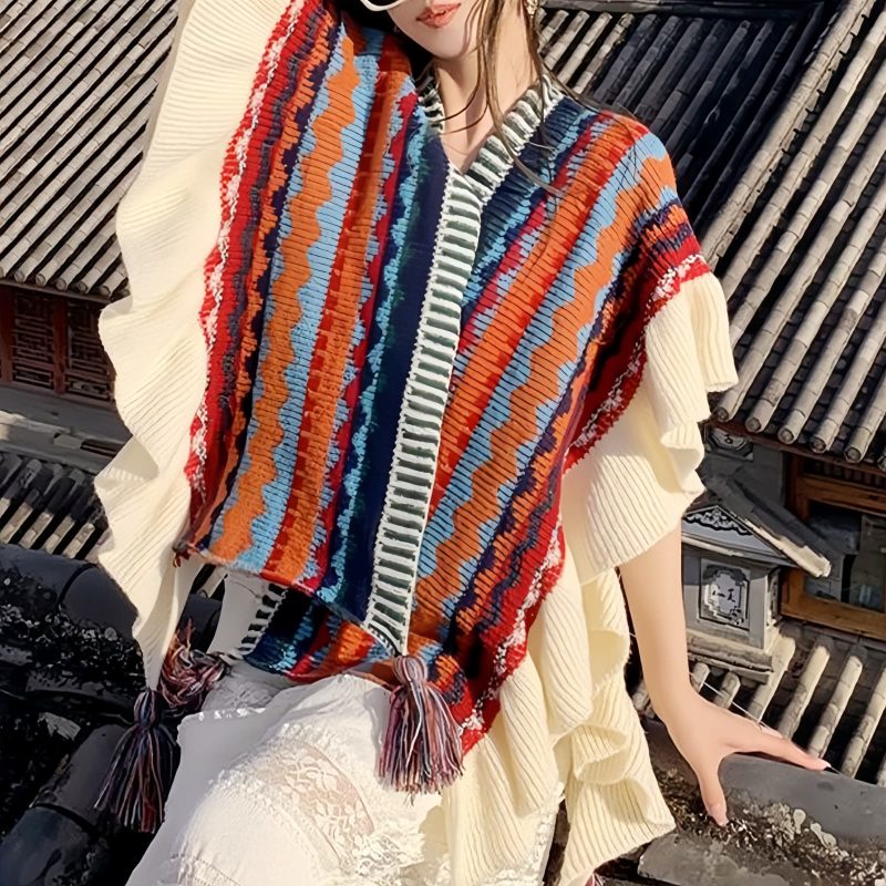 Chal Tibetano con Rayas Onduladas y Borlas Tibetan Wavy Striped Tassel Shawl