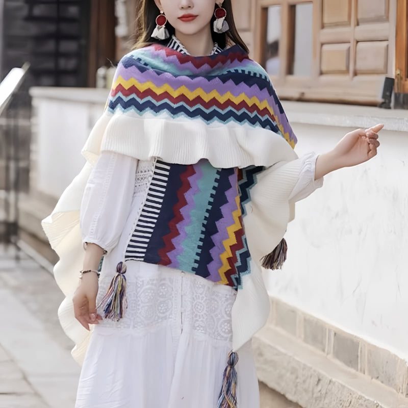 Chal Tibetano con Rayas Onduladas y Borlas Tibetan Wavy Striped Tassel Shawl