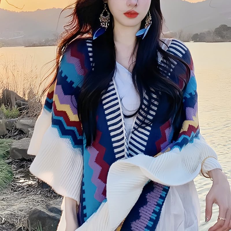 Chal Tibetano con Rayas Onduladas y Borlas Tibetan Wavy Striped Tassel Shawl