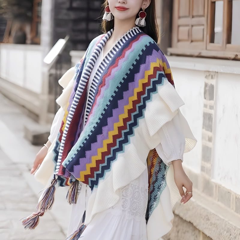 Chal Tibetano con Rayas Onduladas y Borlas Tibetan Wavy Striped Tassel Shawl