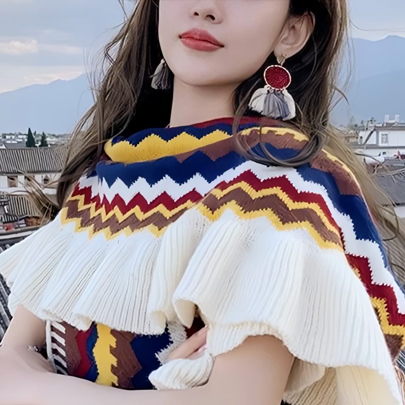 Chal Tibetano con Rayas Onduladas y Borlas Tibetan Wavy Striped Tassel Shawl