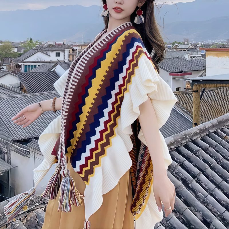 Chal Tibetano con Rayas Onduladas y Borlas Tibetan Wavy Striped Tassel Shawl