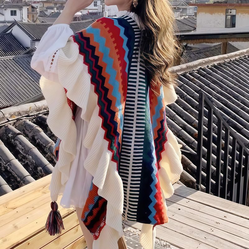 Chal Tibetano con Rayas Onduladas y Borlas Tibetan Wavy Striped Tassel Shawl