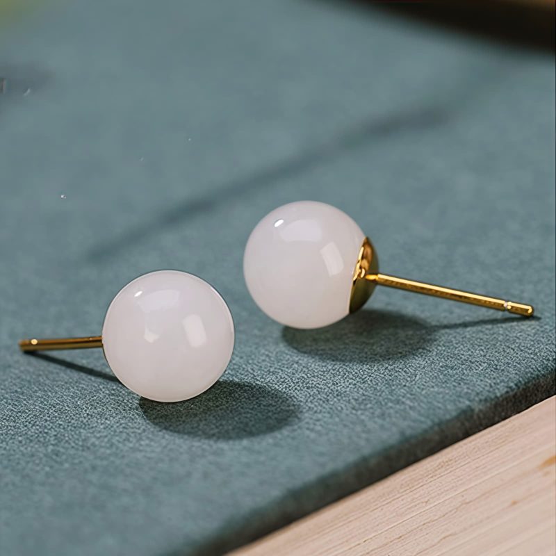 925 Silver Tibetan White Jade Blessing Stud Earrings 925 Silver Tibetan White Jade Blessing Stud Earrings