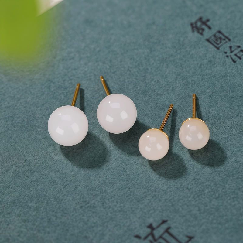 925 Silver Tibetan White Jade Blessing Stud Earrings 925 Silver Tibetan White Jade Blessing Stud Earrings