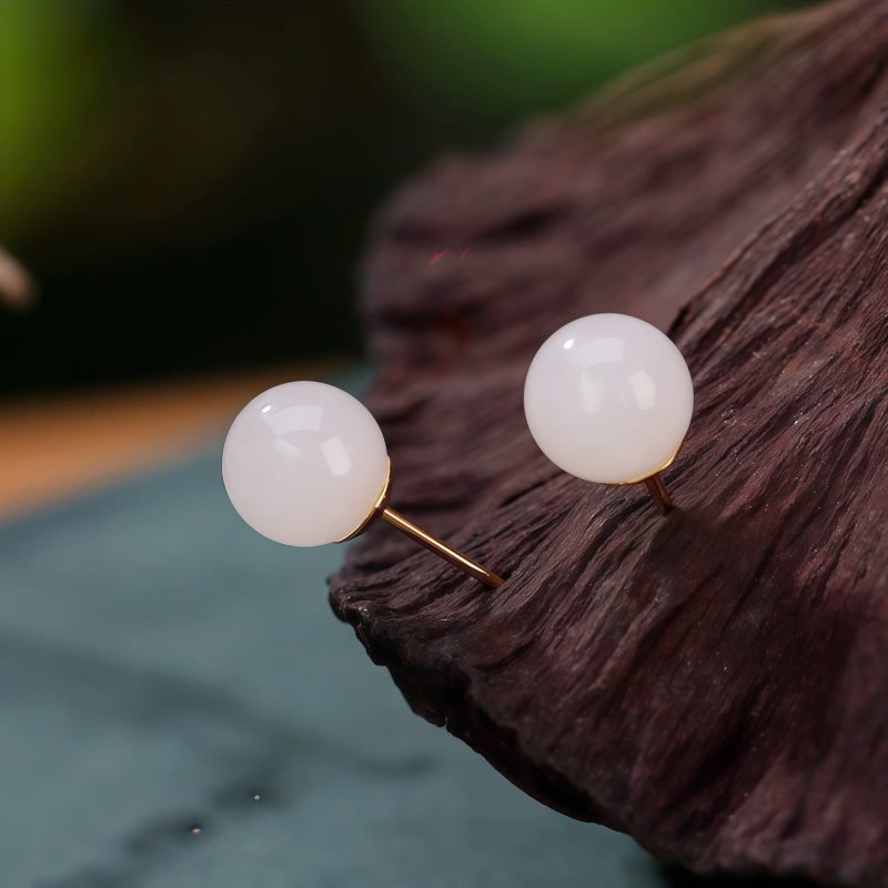 925 Silver Tibetan White Jade Blessing Stud Earrings 925 Silver Tibetan White Jade Blessing Stud Earrings