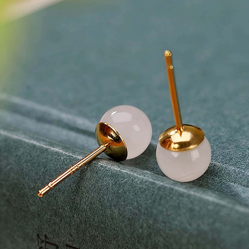 925 Silver Tibetan White Jade Blessing Stud Earrings 925 Silver Tibetan White Jade Blessing Stud Earrings