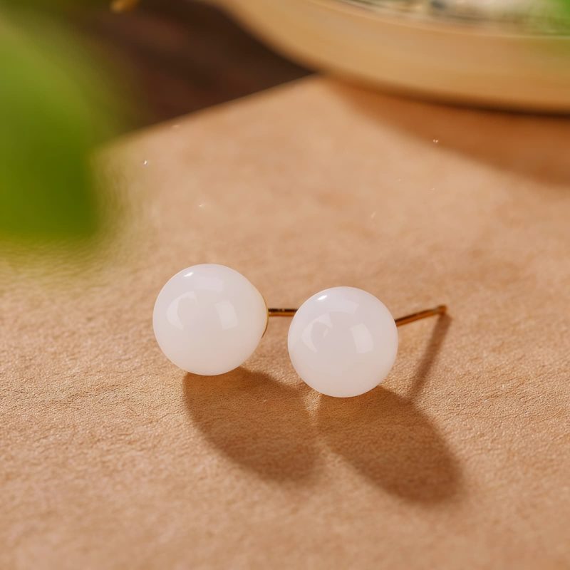 925 Silver Tibetan White Jade Blessing Stud Earrings 925 Silver Tibetan White Jade Blessing Stud Earrings