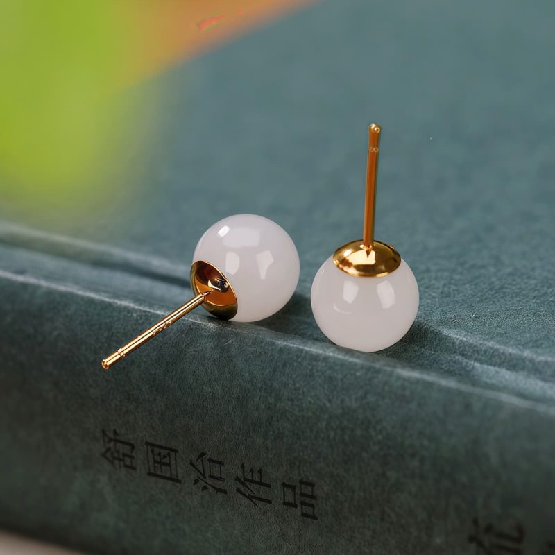 925 Silver Tibetan White Jade Blessing Stud Earrings 925 Silver Tibetan White Jade Blessing Stud Earrings