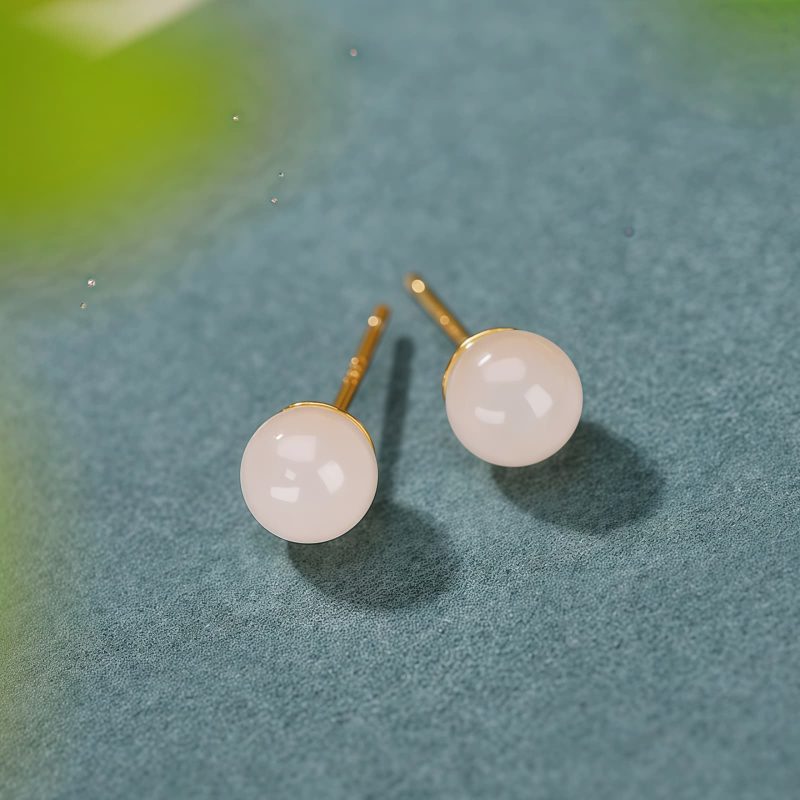 925 Silver Tibetan White Jade Blessing Stud Earrings 925 Silver Tibetan White Jade Blessing Stud Earrings