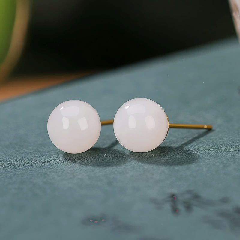 925 Silver Tibetan White Jade Blessing Stud Earrings 925 Silver Tibetan White Jade Blessing Stud Earrings