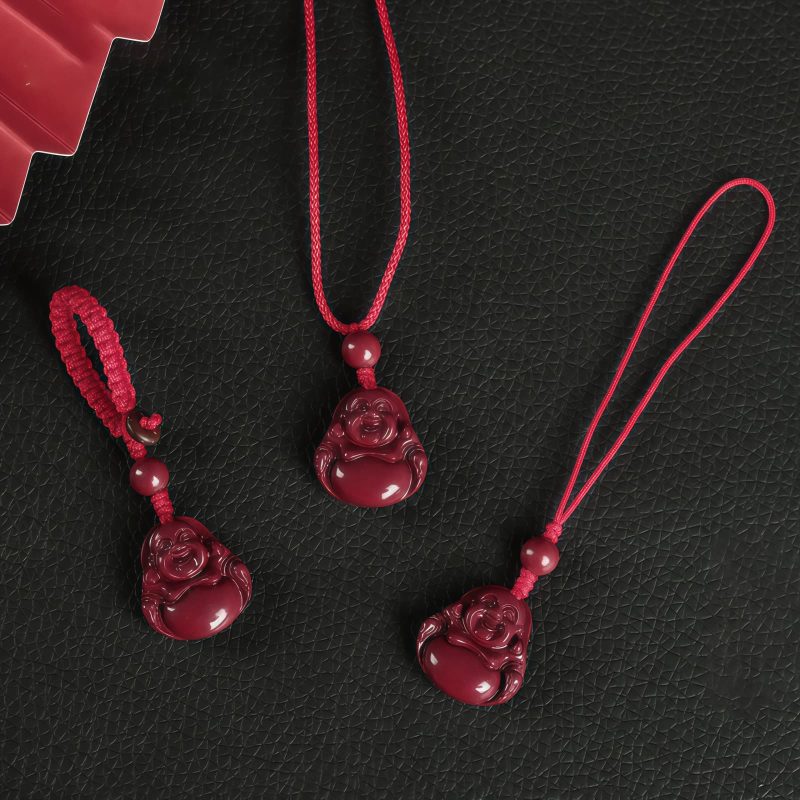 Chinese Cinnabar Laughing Buddha Pendant Necklace