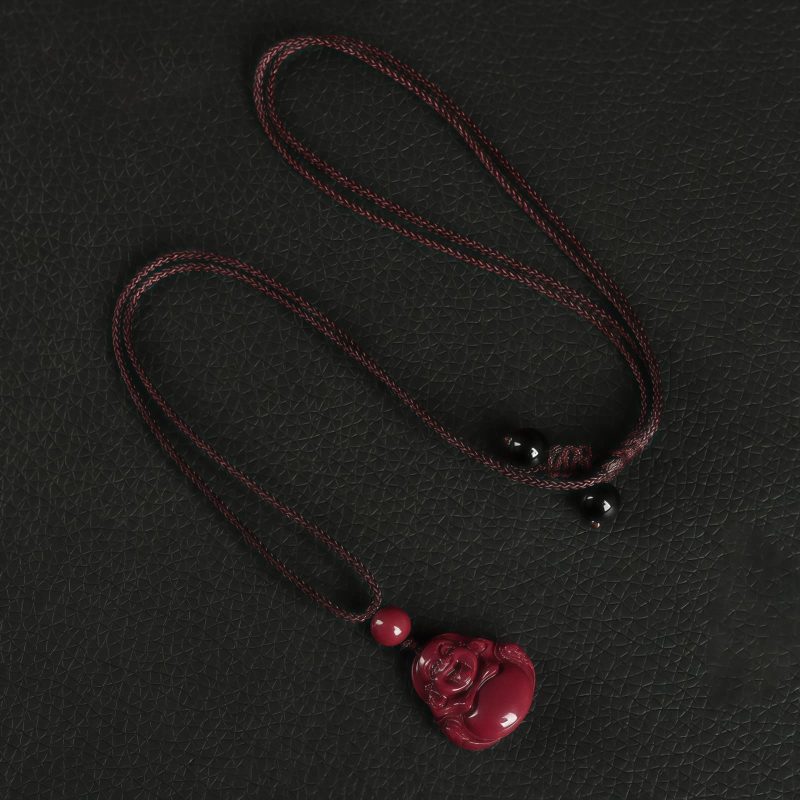 Chinese Cinnabar Laughing Buddha Pendant Necklace