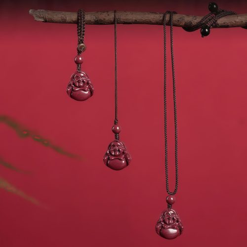 Chinese Cinnabar Laughing Buddha Pendant Necklace