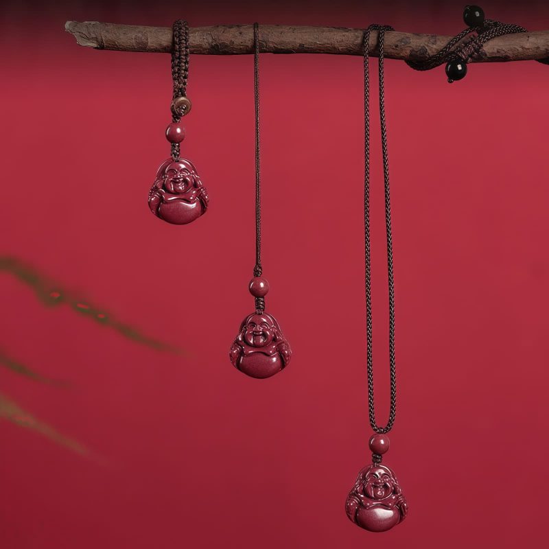Chinese Cinnabar Laughing Buddha Pendant Necklace