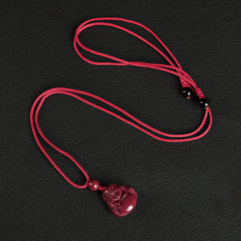 Chinese Cinnabar Laughing Buddha Pendant Necklace