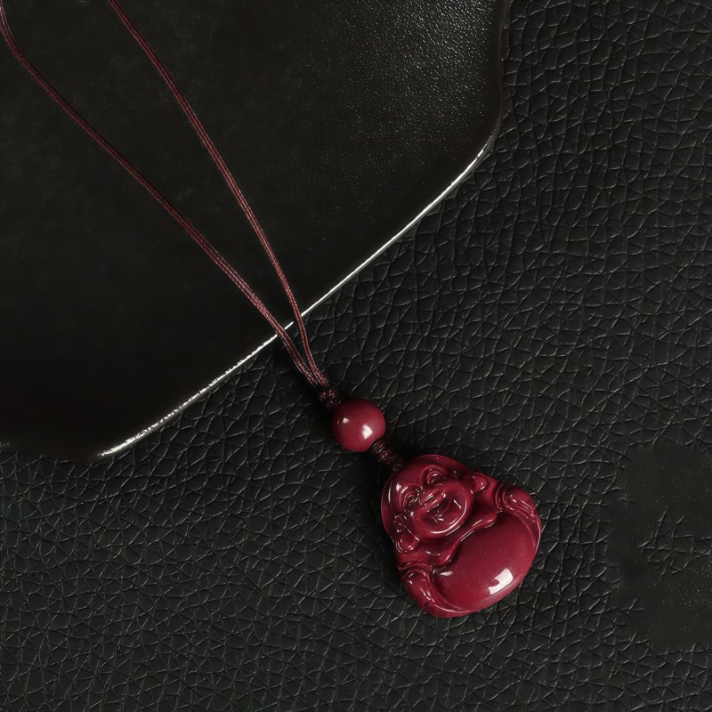 Chinese Cinnabar Laughing Buddha Pendant Necklace