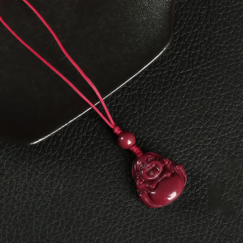 Chinese Cinnabar Laughing Buddha Pendant Necklace