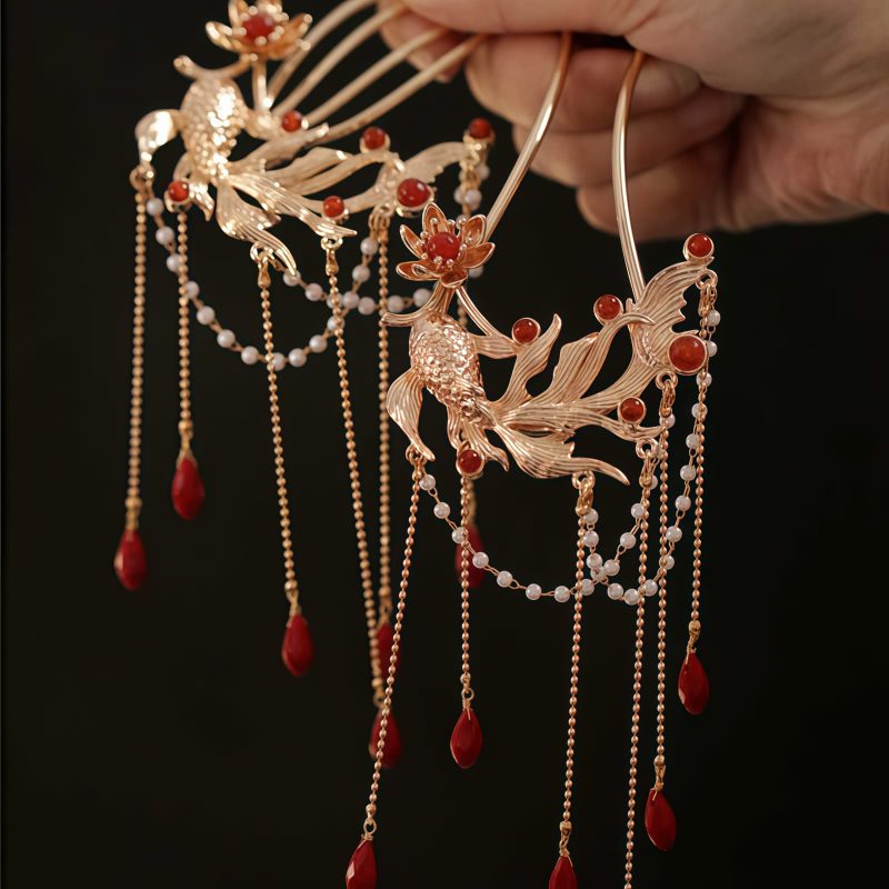 Chinese Red Agate Koi Fish Hairpin & Comb Chinese Red Agate Koi Fish Hairpin & Comb