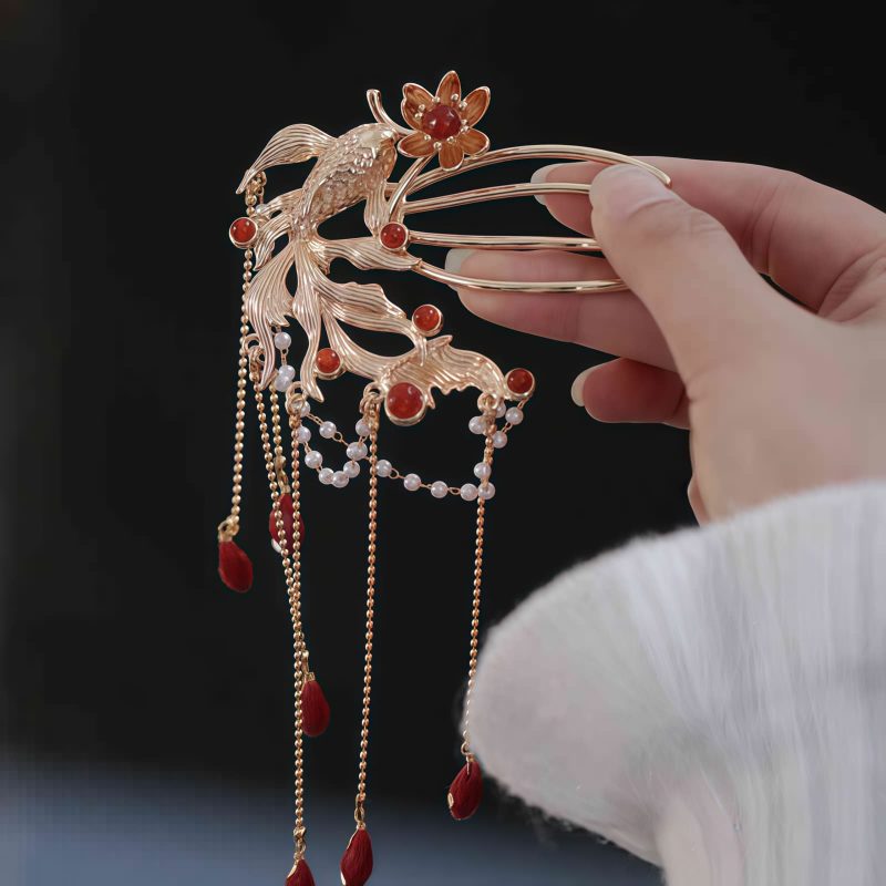 Chinese Red Agate Koi Fish Hairpin & Comb Chinese Red Agate Koi Fish Hairpin & Comb