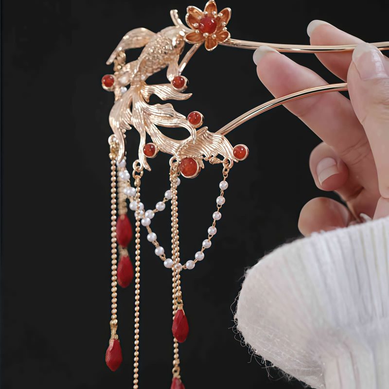 Chinese Red Agate Koi Fish Hairpin & Comb Chinese Red Agate Koi Fish Hairpin & Comb