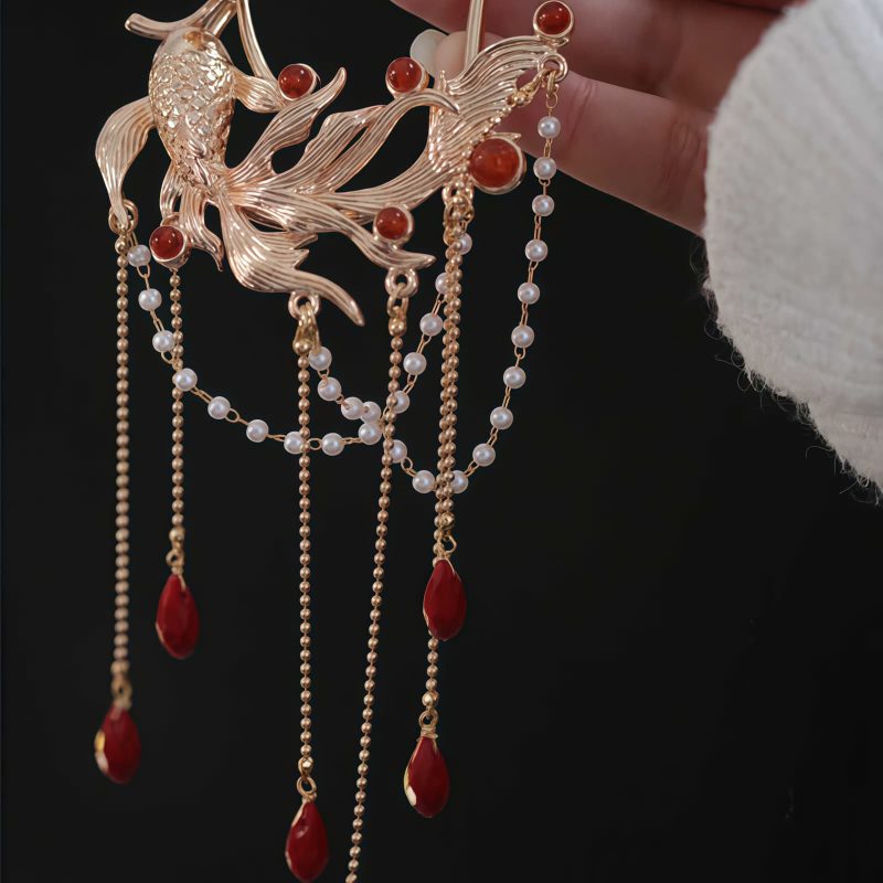 Chinese Red Agate Koi Fish Hairpin & Comb Chinese Red Agate Koi Fish Hairpin & Comb