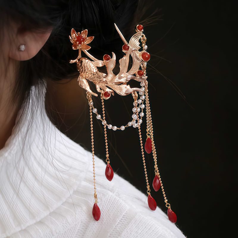 Chinese Red Agate Koi Fish Hairpin & Comb Chinese Red Agate Koi Fish Hairpin & Comb