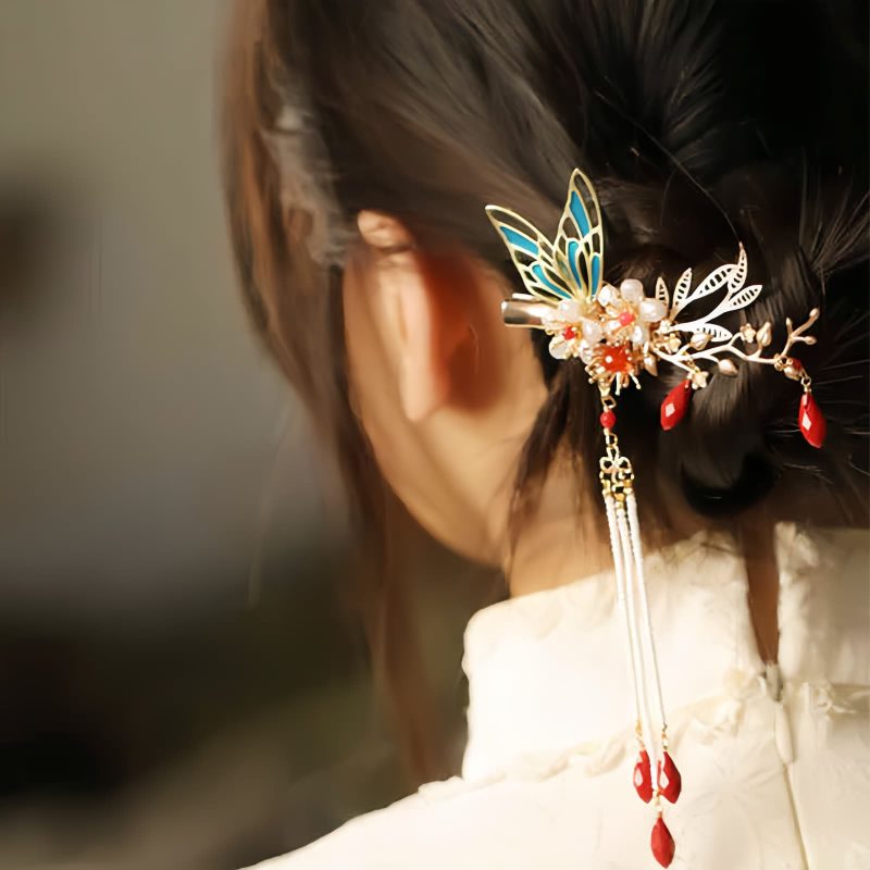 Klassische chinesische Haarkrone mit Perlen und Schmetterlingsmotiven Classical Chinese Pearl Butterfly Hair Crown