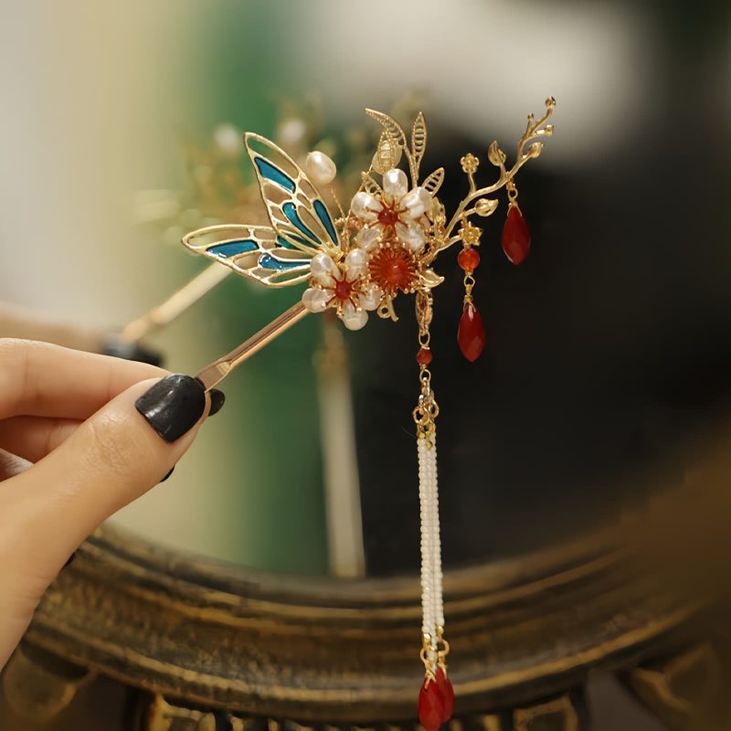 Klassische chinesische Haarkrone mit Perlen und Schmetterlingsmotiven Classical Chinese Pearl Butterfly Hair Crown