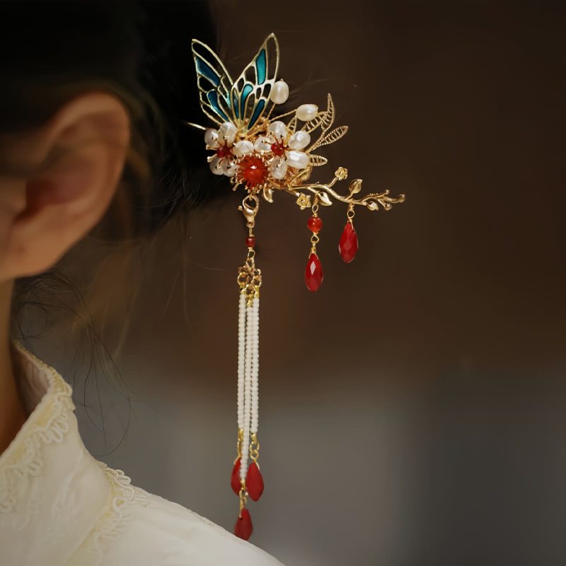 Klassische chinesische Haarkrone mit Perlen und Schmetterlingsmotiven Classical Chinese Pearl Butterfly Hair Crown