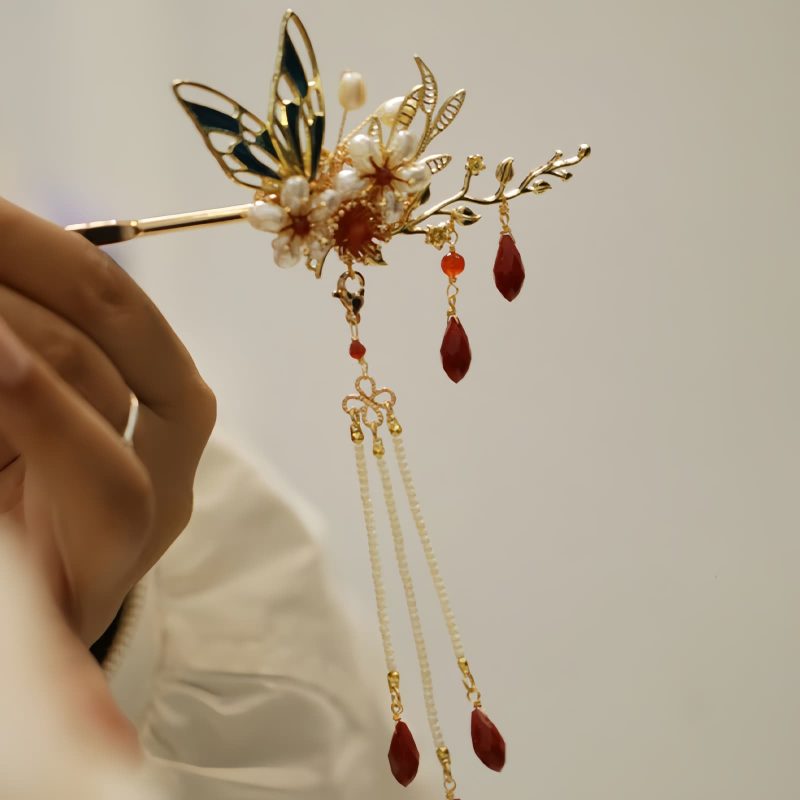 Klassische chinesische Haarkrone mit Perlen und Schmetterlingsmotiven Classical Chinese Pearl Butterfly Hair Crown